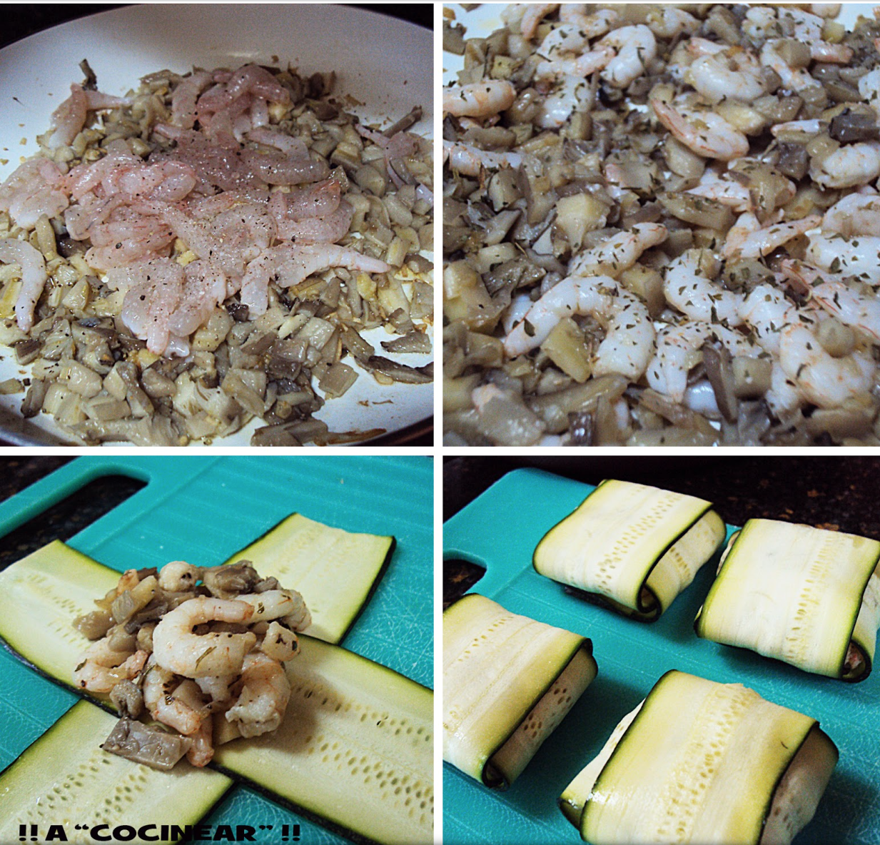 RAVIOLIS DE CALABACÍN RELLENOS DE SETAS Y GAMBAS CON RISOTTO DE CHAMPIÑONES